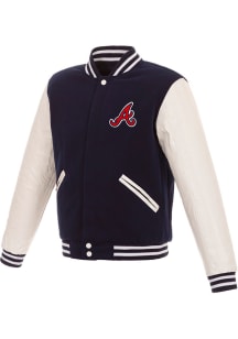 Atlanta Braves Mens Navy Blue Reversible Fleece Faux Leather Medium Weight Jacket