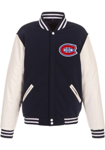 Montreal Canadiens Mens Navy Blue Reversible Fleece Faux Leather Medium Weight Jacket