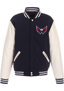 Washington Capitals Mens Navy Blue Reversible Fleece Faux Leather Medium Weight Jacket