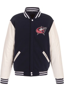 Columbus Blue Jackets Mens Navy Blue Reversible Fleece Faux Leather Medium Weight Jacket
