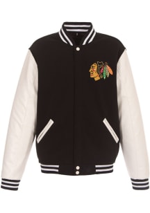 Chicago Blackhawks Mens Black Reversible Fleece Faux Leather Medium Weight Jacket