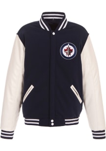 Winnipeg Jets Mens Navy Blue Reversible Fleece Faux Leather Medium Weight Jacket