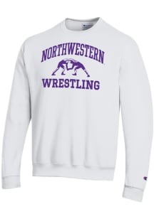 Champion Northwestern Wildcats Mens White Wrestling Icon Powerblend Long Sleeve Crew Sweatshirt