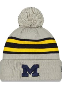 New Era Michigan Wolverines Grey Crown Stripe Cuff Pom Mens Knit Hat