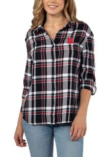 Nebraska Cornhuskers Womens Boyfriend Plaid Long Sleeve Black Dress Shirt
