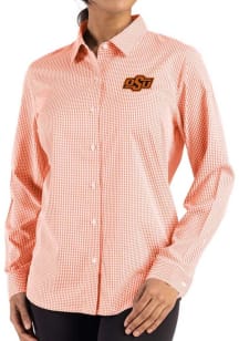 Cutter and Buck Oklahoma State Cowboys Womens Epic Confidence Gingham Long Sleeve Orange Dress Shi..