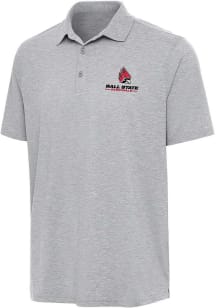 Antigua Ball State Cardinals Mens Grey Par 3 Short Sleeve Polo