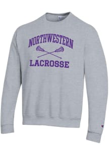 Champion Northwestern Wildcats Mens Grey Lacrosse Icon Powerblend Long Sleeve Crew Sweatshirt