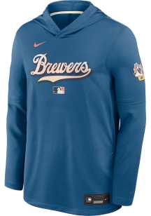 Nike Milwaukee Brewers Mens Blue Authentic Collection City Connect Long Sleeve Lightweight Hoodie