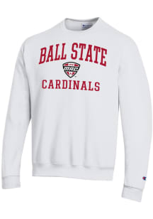 Champion Ball State Cardinals Mens White MAC Arch Powerblend Long Sleeve Crew Sweatshirt