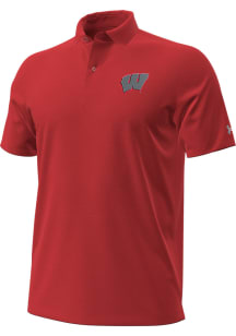 Under Armour Wisconsin Badgers Mens Red Metallic Primary Logo Playoff Short Sleeve Polo