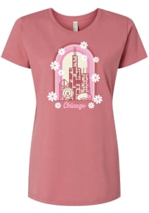 Chicago Womens Pink Skyline Puff Floral Tee Short Sleeve T-Shirt