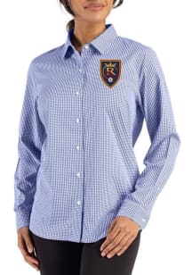Cutter and Buck Real Salt Lake Womens Epic Confidence Gingham Long Sleeve Blue Dress Shirt