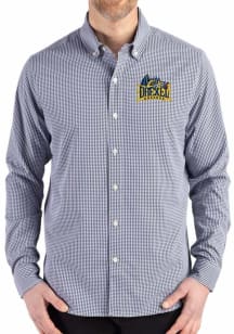Cutter and Buck Drexel Dragons Mens Navy Blue Gingham LS Woven Long Sleeve Dress Shirt