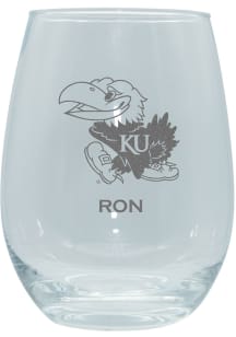 Kansas Jayhawks Personalized Laser Etched 15oz Stemless Wine Glass - White