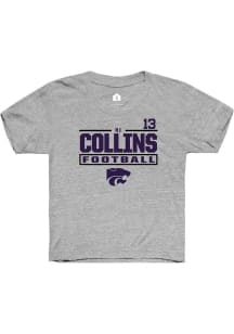 RJ Collins K-State Wildcats Youth Grey NIL Stacked Box Player Tee