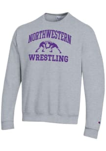 Champion Northwestern Wildcats Mens Grey Wrestling Icon Powerblend Long Sleeve Crew Sweatshirt