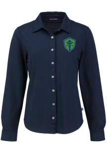 Cutter and Buck Seattle Sounders FC Womens Advantage Soft Pique Long Sleeve Navy Blue Dress Shirt