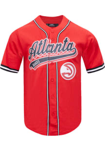 Pro Standard Atlanta Hawks Red Script Tail Mesh Button Down Short Sleeve T Shirt