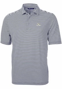 Cutter and Buck Akron Zips Mens Navy Blue Virtue Stripe Pique Short Sleeve Polo