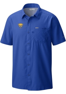 Columbia Pitt Panthers Mens Blue Heat Seal Slack Tide Camp Short Sleeve Dress Shirt