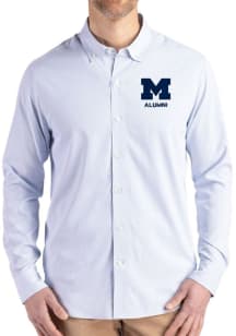 Cutter and Buck Michigan Wolverines Mens Light Blue Alumni Epic Confidence Pinstripe Long Sleeve D..