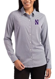 Cutter and Buck Northwestern Wildcats Womens Epic Confidence Gingham Long Sleeve Purple Dress Shir..
