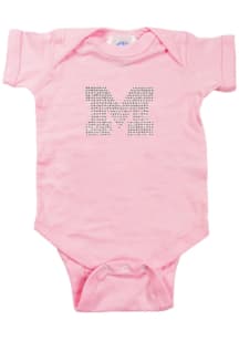 Michigan Wolverines Baby Pink Clear Stones Short Sleeve One Piece