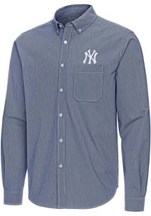 Antigua New York Yankees Mens Navy Blue Porter Long Sleeve Dress Shirt