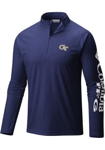 Columbia GA Tech Yellow Jackets Mens Navy Blue Heat Seal Terminal Tackle Long Sleeve Qtr Zip Pullo..
