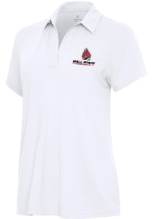 Antigua Ball State Cardinals Womens White Era Short Sleeve Polo Shirt
