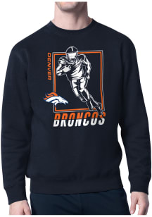 Starter Denver Broncos Mens Navy Blue Grid Long Sleeve Crew Sweatshirt