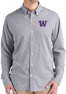 Cutter and Buck Washington Huskies Mens Black Gingham LS Woven Long Sleeve Dress Shirt