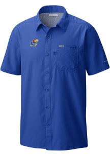 Columbia Kansas Jayhawks Mens Blue Heat Seal Slack Tide Camp Short Sleeve Dress Shirt