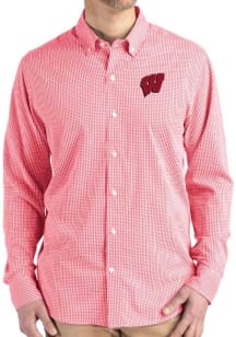 Cutter and Buck Wisconsin Badgers Mens Red Gingham LS Woven Long Sleeve Dress Shirt