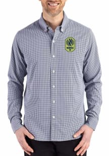 Cutter and Buck Nashville SC Mens Navy Blue Gingham LS Woven Long Sleeve Dress Shirt