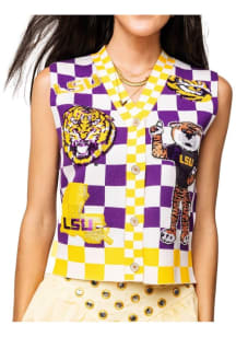 Queen of Sparkles LSU Tigers Womens White Sequins Checkered Button Up Tank Top
