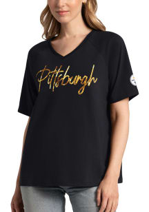 Pittsburgh Steelers Womens Black Captain Sequin Short Sleeve T-Shirt