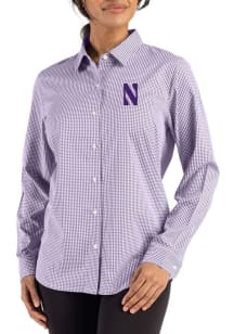 Cutter and Buck Northwestern Wildcats Womens Epic Confidence Gingham Long Sleeve Purple Dress Shir..