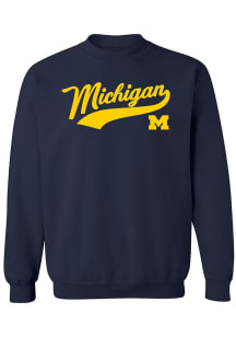 Michigan Wolverines Mens Navy Blue Baseball Jersey Script Long Sleeve Crew Sweatshirt