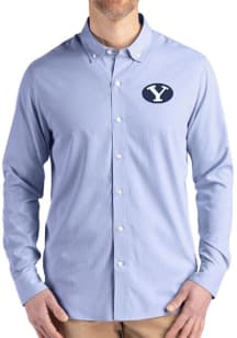 Cutter and Buck BYU Cougars Mens Navy Blue Epic Confidence Pinstripe Long Sleeve Dress Shirt