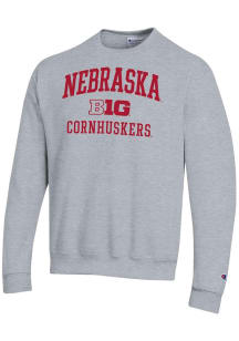 Champion Nebraska Cornhuskers Mens Grey Big Ten Powerblend Long Sleeve Crew Sweatshirt
