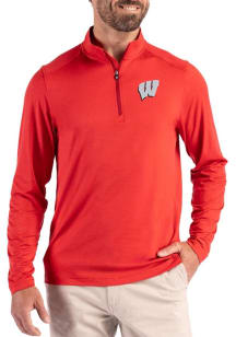 Cutter and Buck Wisconsin Badgers Mens Red Coastline Long Sleeve Qtr Zip Pullover