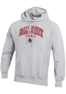 Champion Ball State Cardinals Mens Ash Arch Mascot Logo Reverse Weave Long Sleeve Hoodie