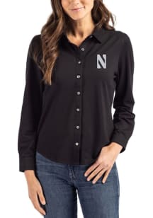 Cutter and Buck Northwestern Wildcats Womens Advantage Soft Pique Long Sleeve Purple Dress Shirt
