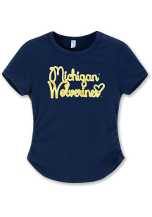 Michigan Wolverines Girls Navy Blue Scrunch Short Sleeve Fashion T-Shirt