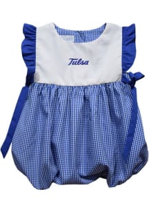 Vive La Fete Tulsa Golden Hurricane Baby Girls Blue Gingham Bubble Short Sleeve Dress
