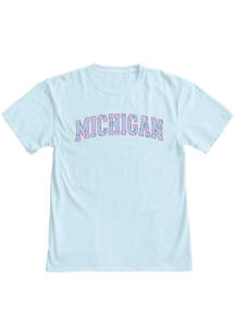 Blue 84 Michigan Womens Light Blue applique wordmark Short Sleeve T-Shirt