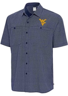 Antigua West Virginia Mountaineers Mens Navy Blue Mosiaic SS Short Sleeve Dress Shirt