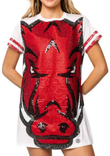 Queen of Sparkles Arkansas Razorbacks Womens White Sequins Big Mascot Short Sleeve Dress